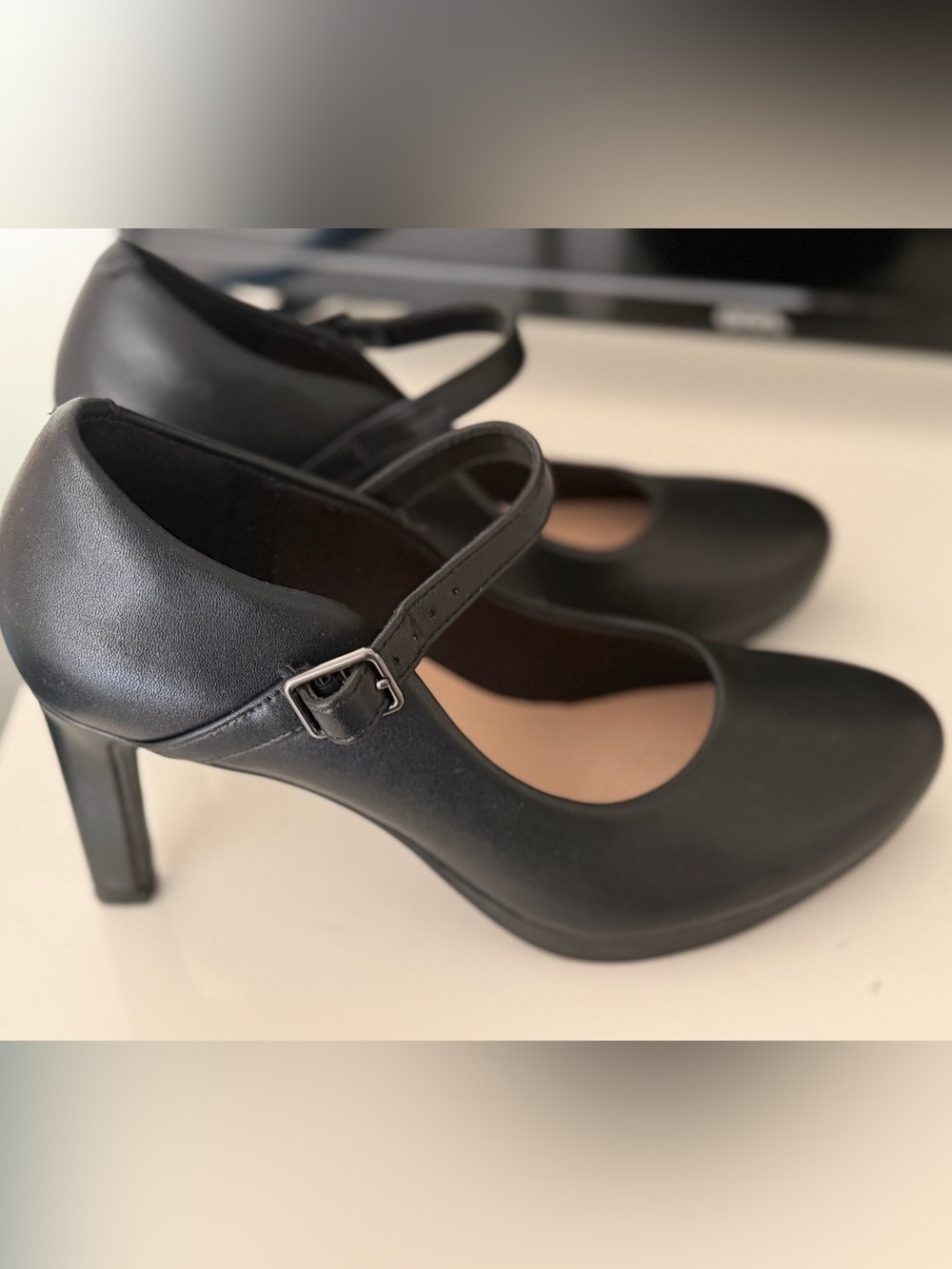 Clarks Black Mary Jane Heels with Buckle Strap